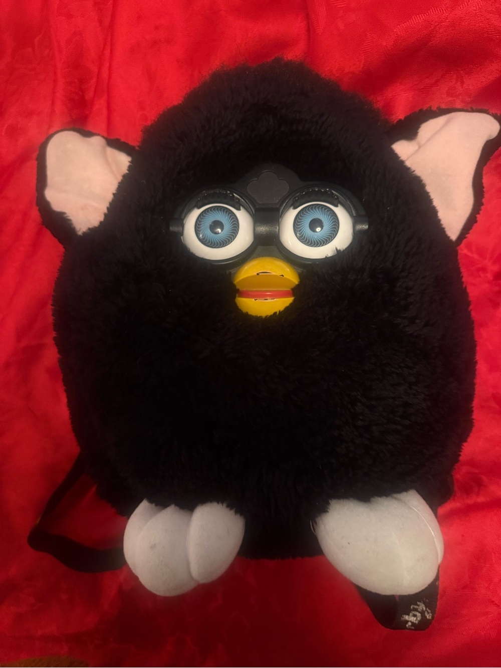 Rare Furby Black Plush Bird Pet Accessory Backpack with Blue Eyes